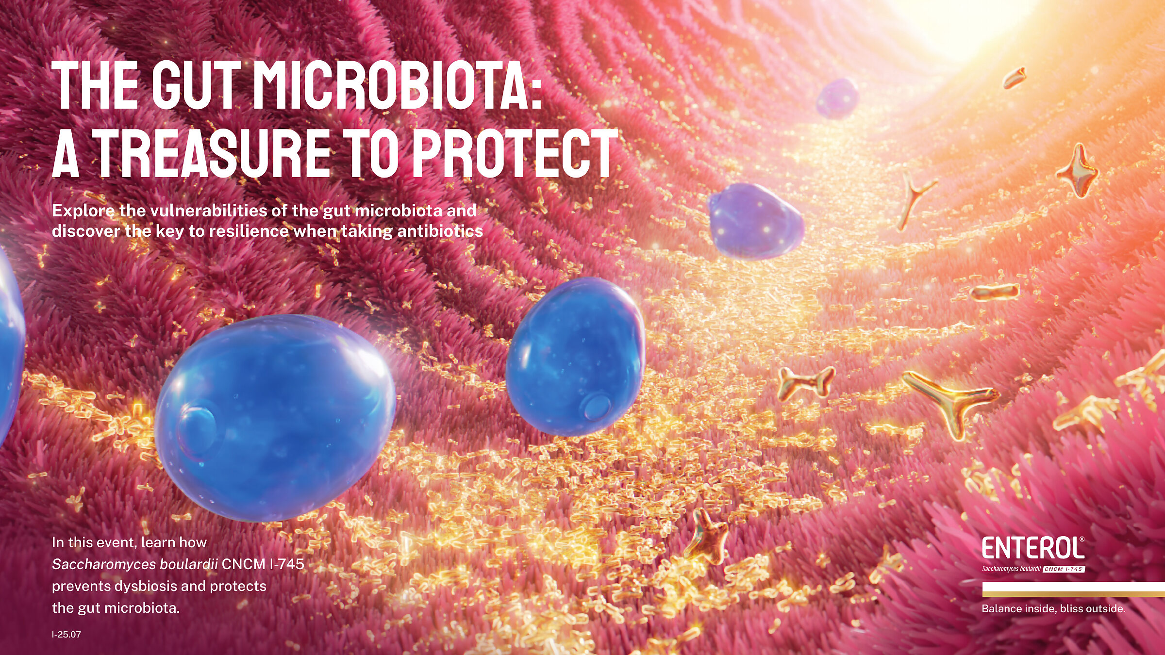 Enterol standalone HCP event key visual: gut microbiota rendered as a luminous landscape, with the line The gut microbiota, a treasure to protect