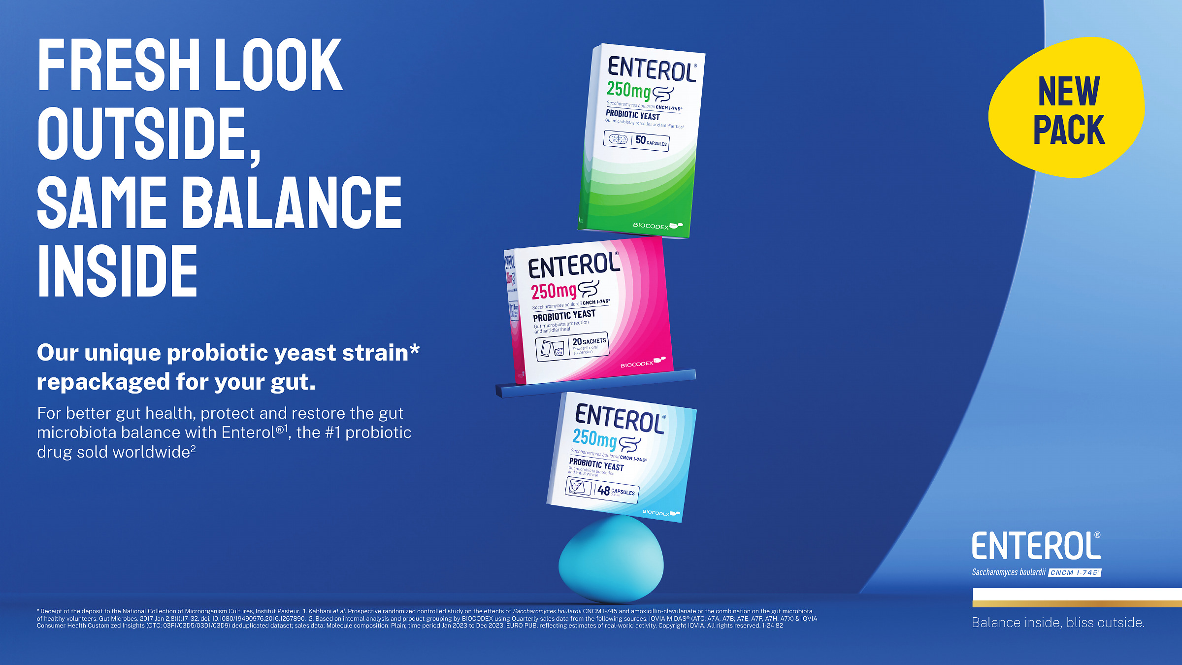 Enterol pack revamp key visual, family shot showing capsule, sachet and paediatric formats