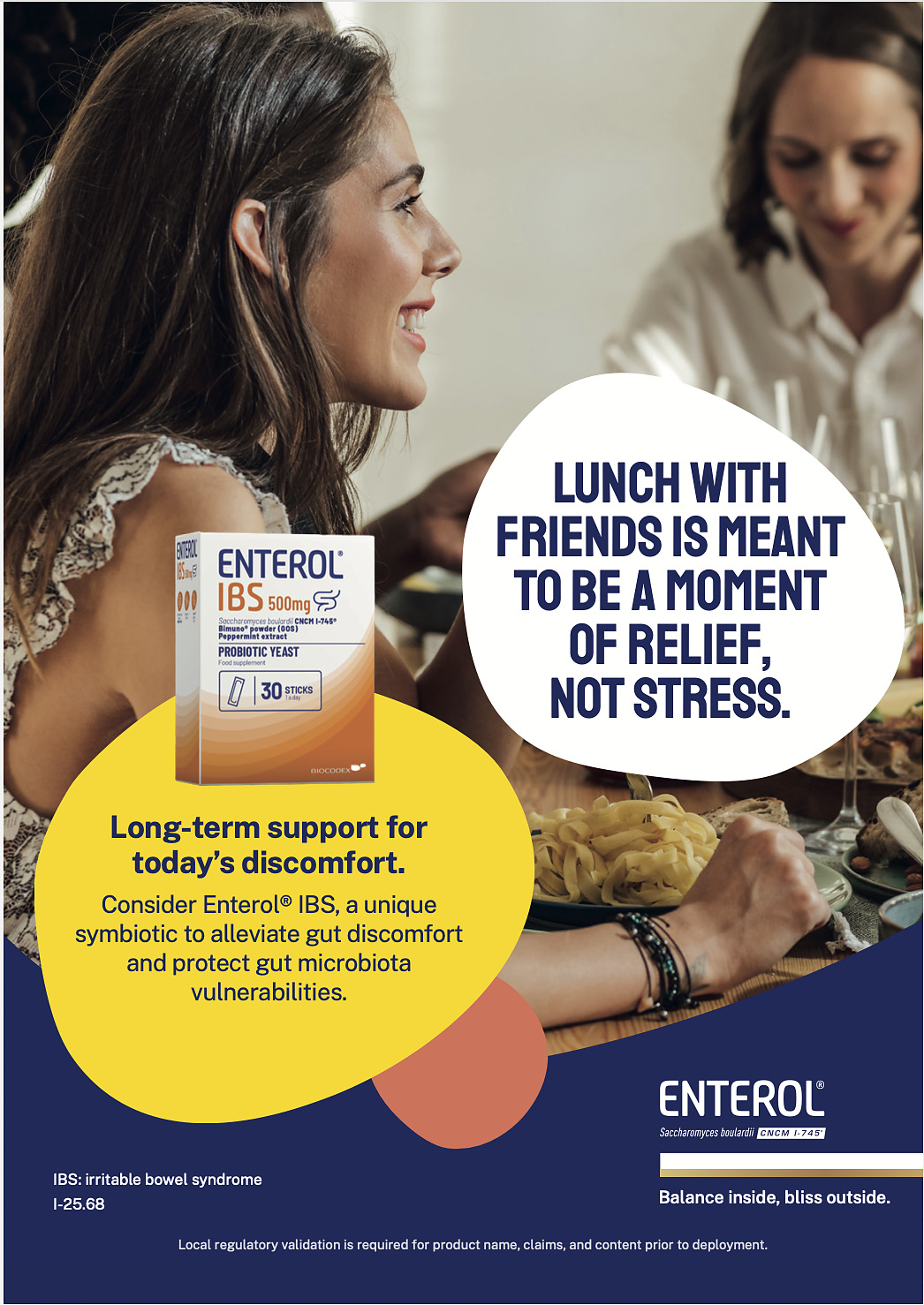 Enterol IBS campaign key visual: lunch with friends is meant to be a moment of relief, not stress