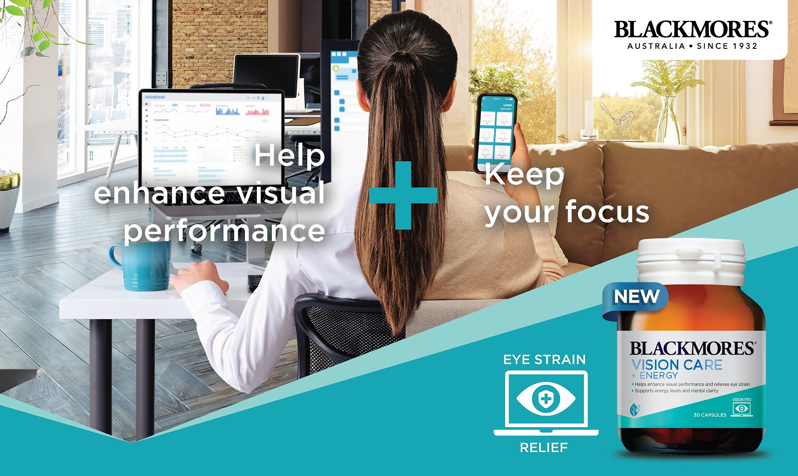 Blackmores Vision Care + Energy global launch key visual: office screen work and phone use at home