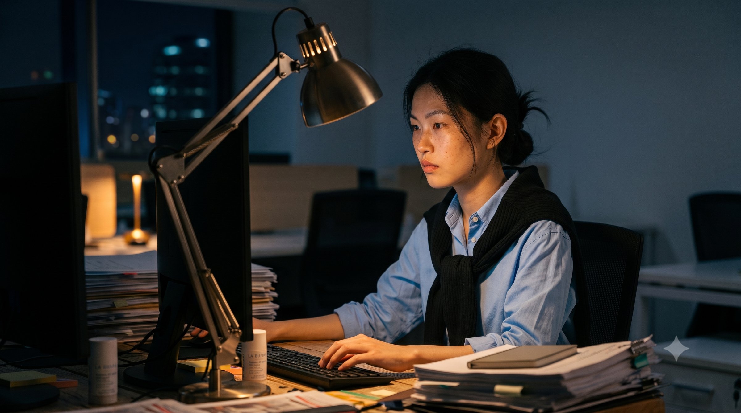 Woman working late at a desk under a lamp