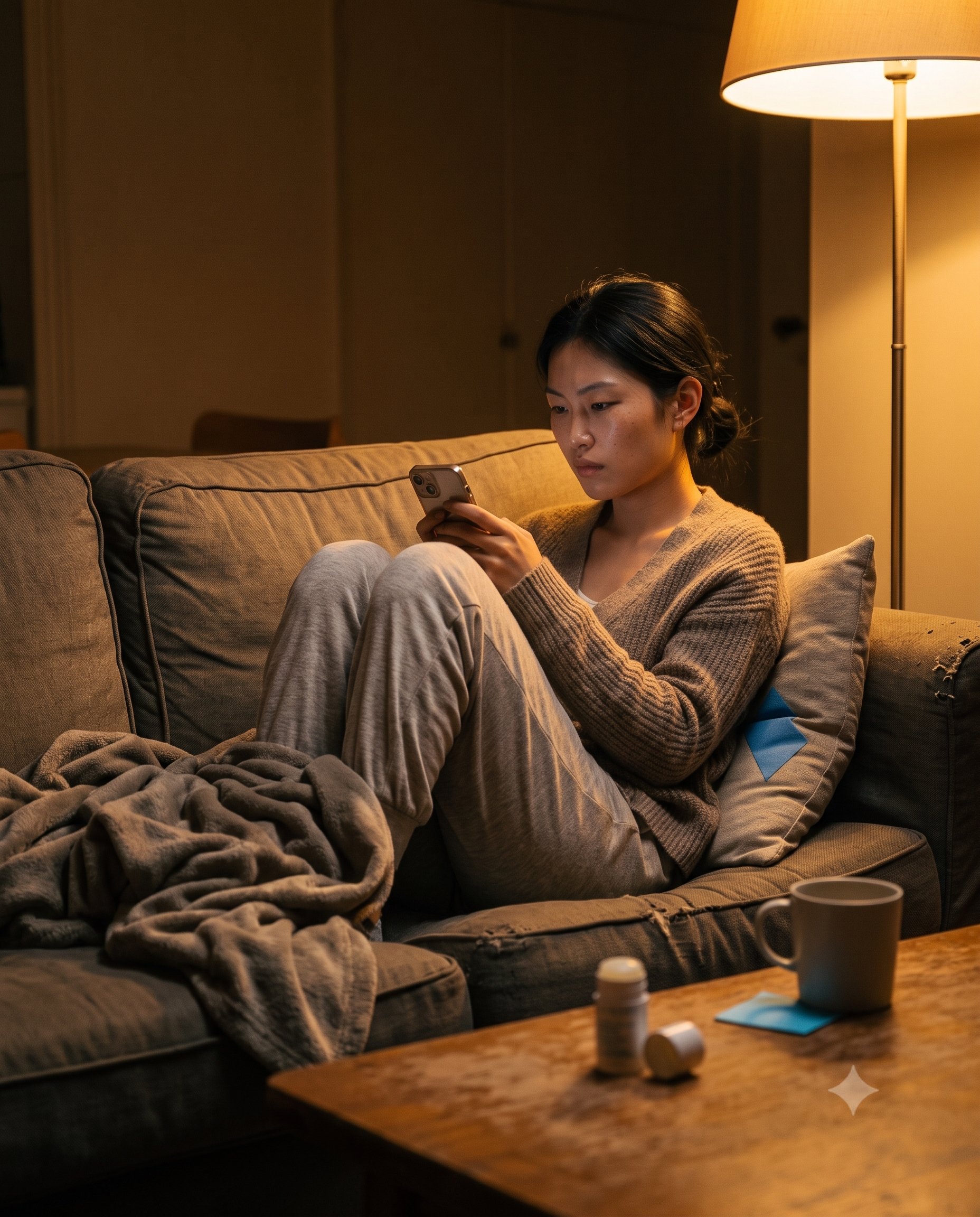 Woman on a couch at night, checking her phone